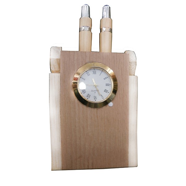 Showpiece -Wooden pen stand With watch