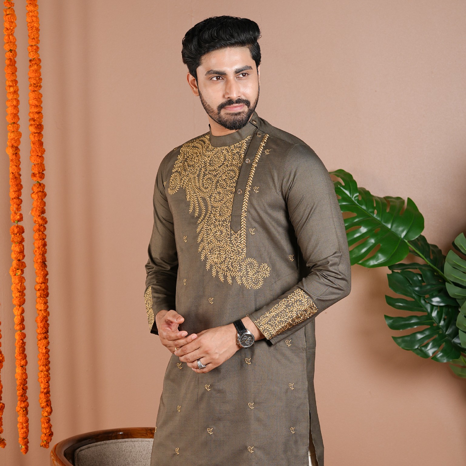Olive Gold Embroidery Panjabi