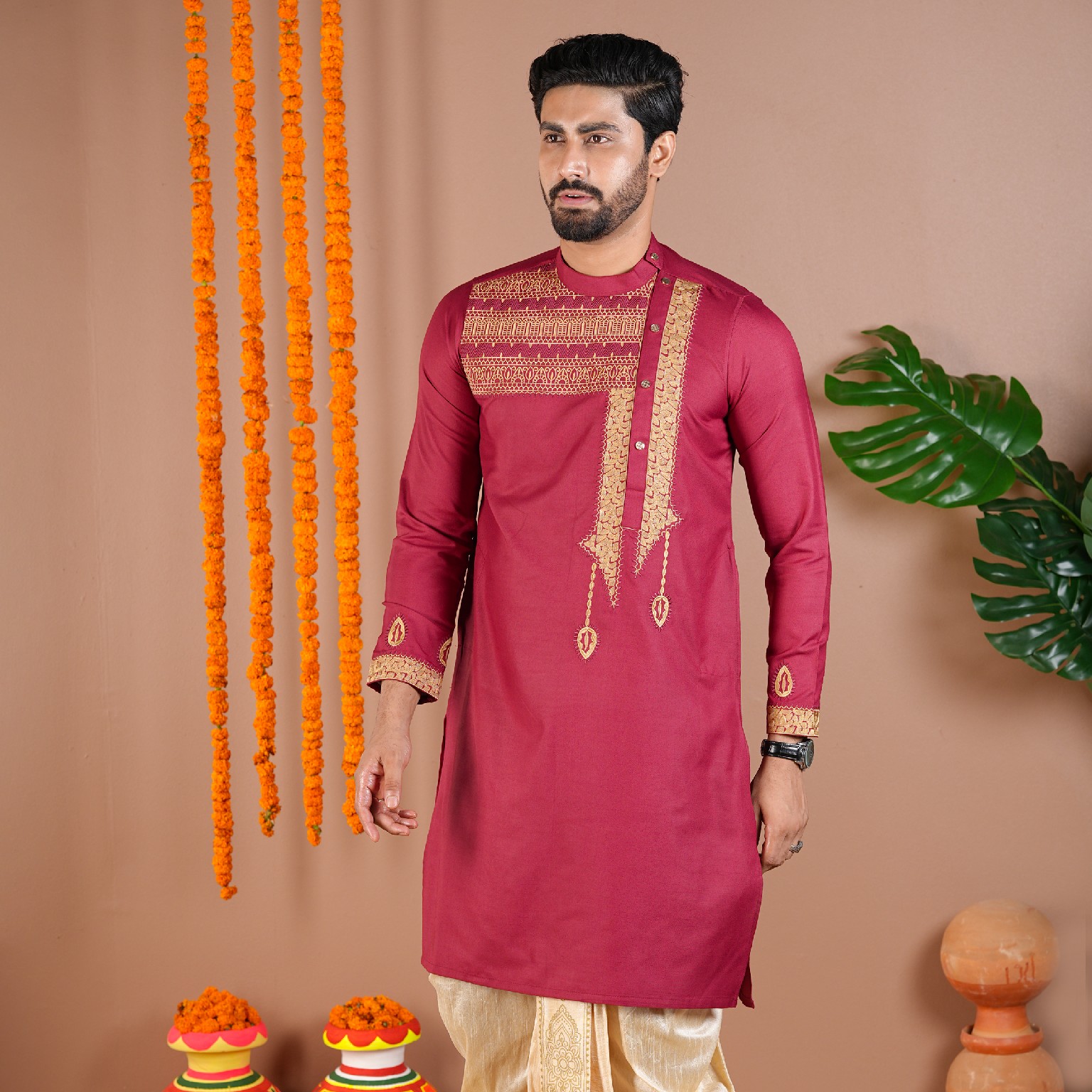 Royal Wine Embroidery Panjabi