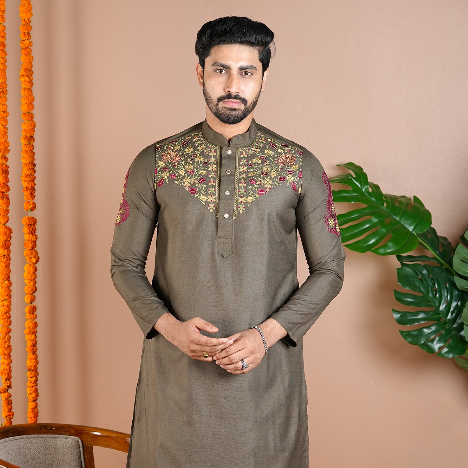Olive Floral Elegance Embroidery Panjabi