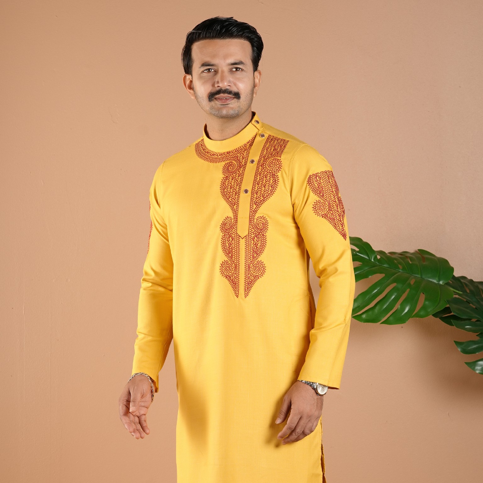 Mustard Gold Paisley Embroidery Panjabi