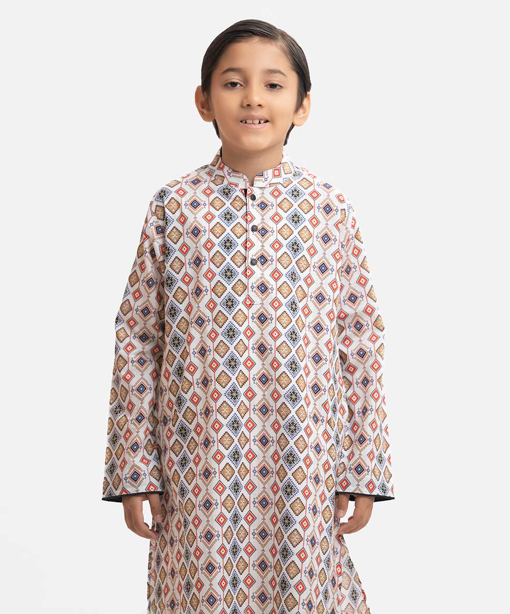 White Cotton Printed Panjabi