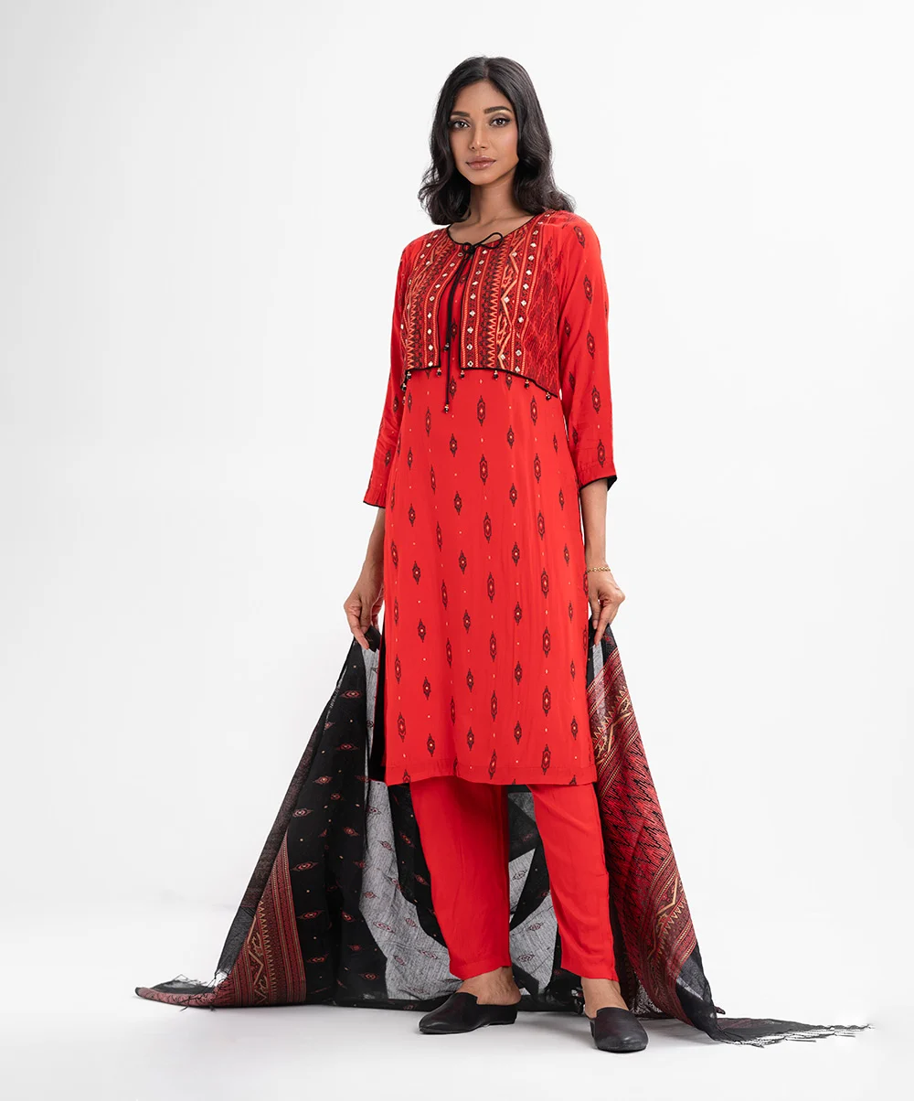 Red Viscose Straight Salwar Kameez
