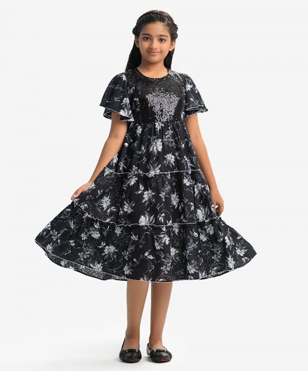 Black Georgette Tiered Frock