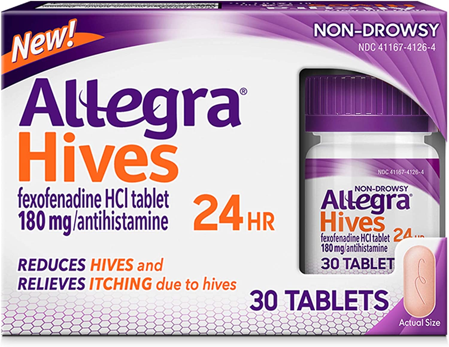 Allegra Hives Non-Drowsy Antihistamine Tablets, 30-Count, 24HR Hives Reduction & Itch Relief, 180mg