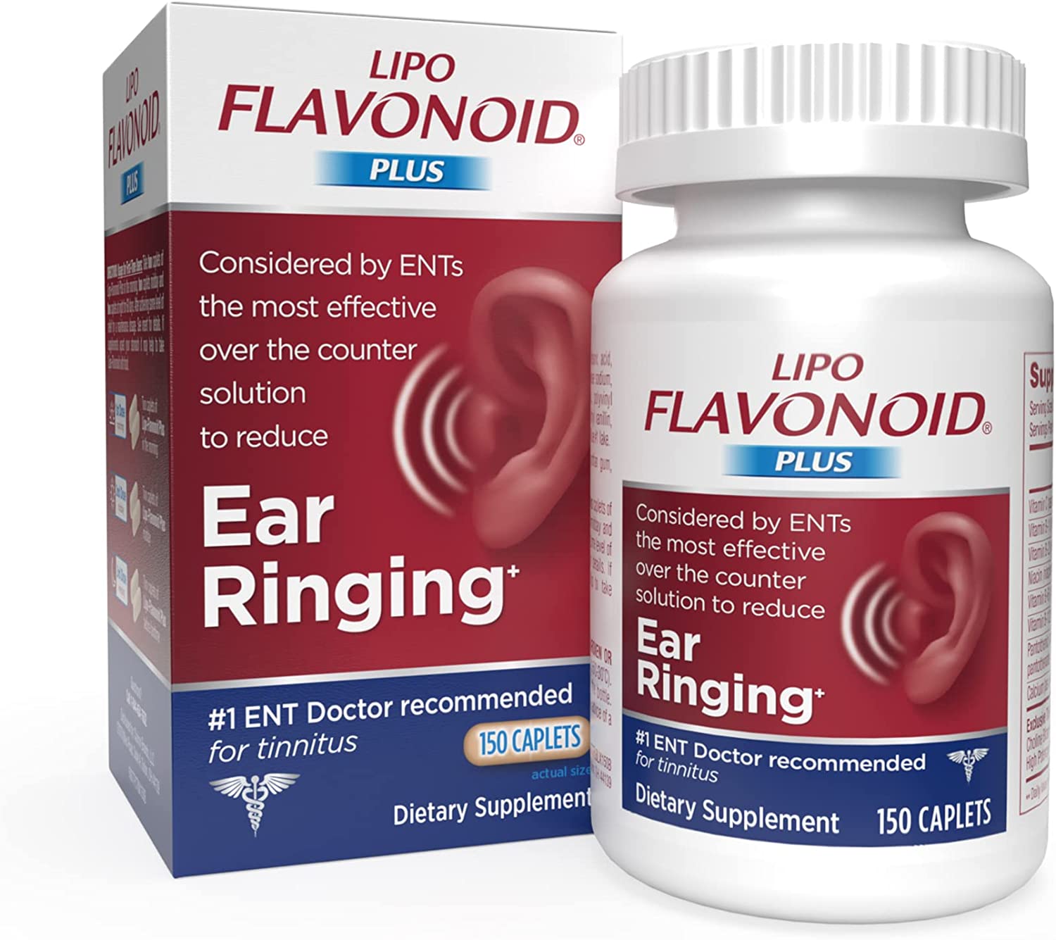 Lipo-Flavonoid Plus, Tinnitus Relief for Ringing Ears, OTC Flavonoid Ear Health Vitamins, Bioflavonoids & Vitamin C, 150 Caplets