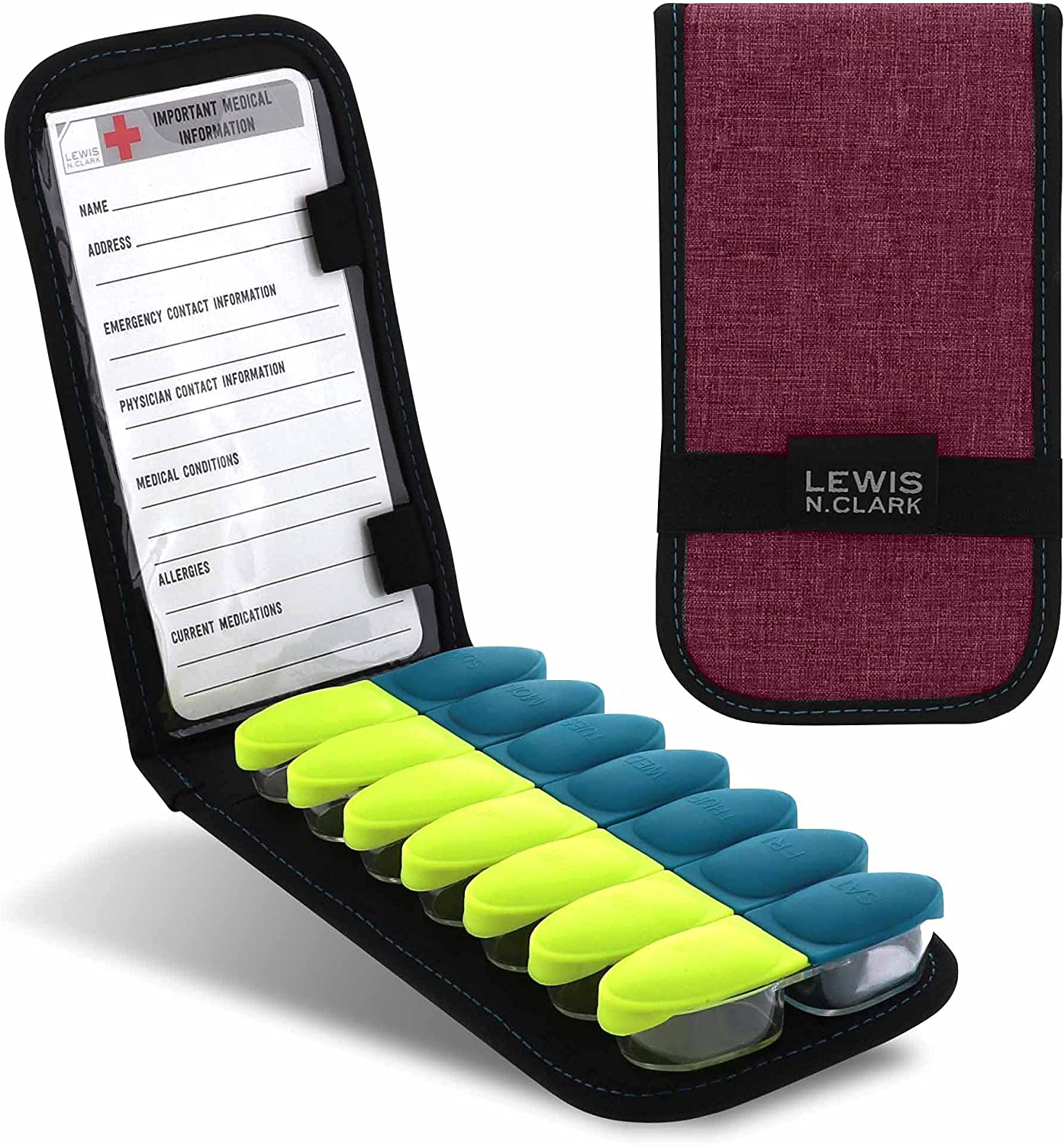 Lewis N. Clark Magnetic Folding Pill Organizer Supplement Case for OTC Medicine, Prescription Vitamins-14 Slots, Burgundy