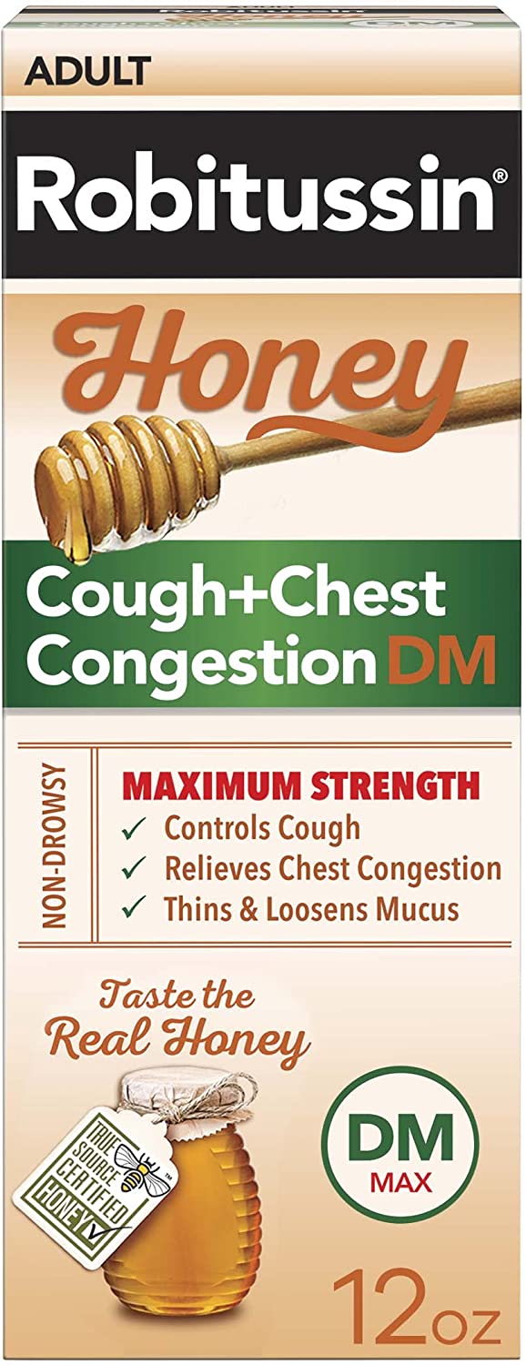 Robitussin Maximum Strength Honey Cough + Chest Congestion DM, Cough Medicine for Cough and Chest Congestion Relief Made with Real Honey- 12 Fl Oz Bottle