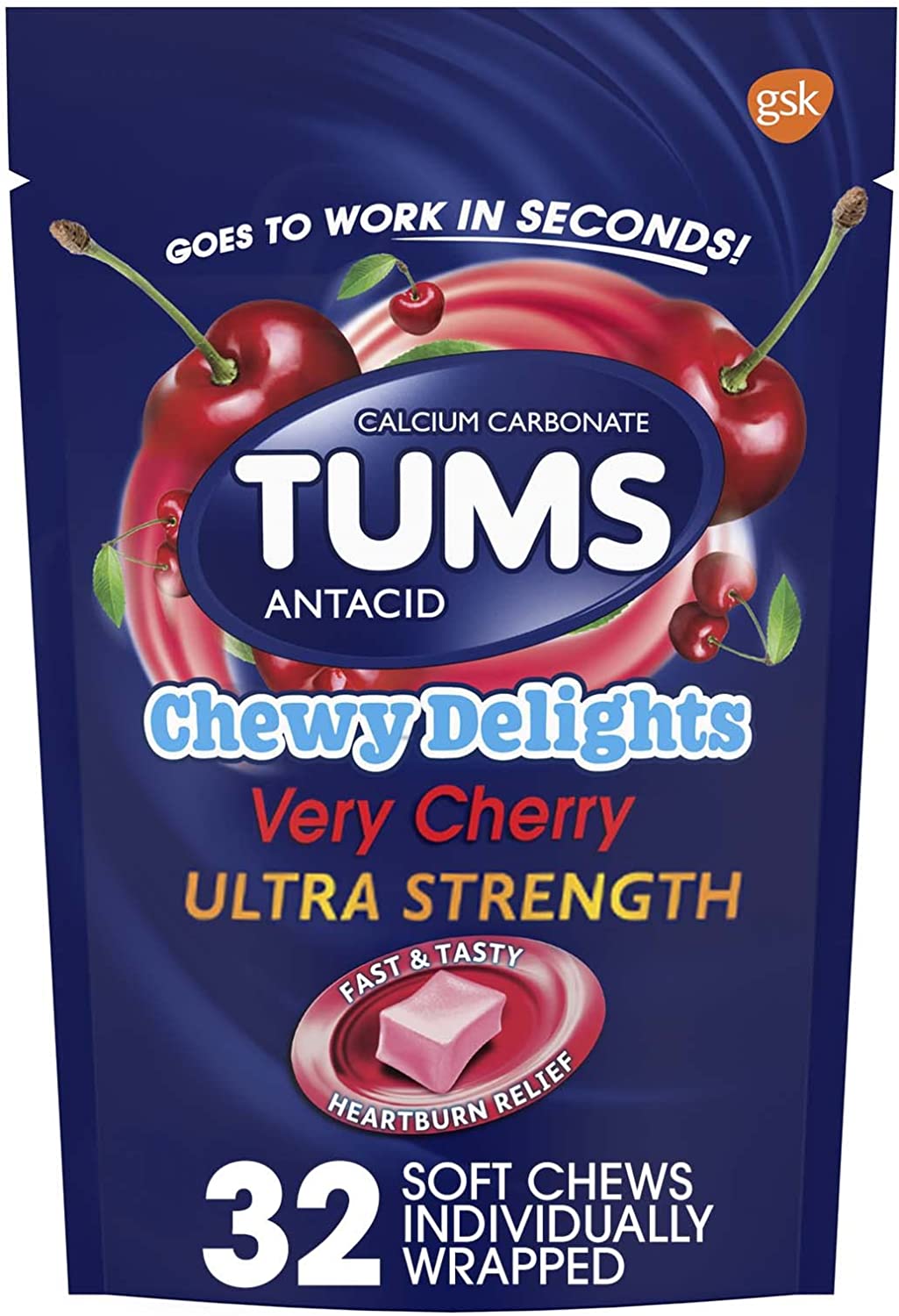 TUMS Chewy Delights Ultra Strength Antacid Soft Chews for Chewable Heartburn Relief and Acid Indigestion Relief, Very Cherry - 32 Count