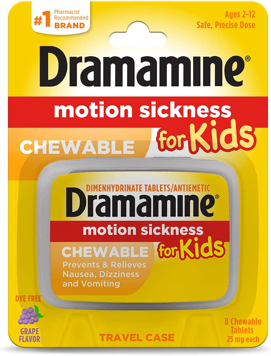 Dramamine Motion Sickness for Kids, Chewable, Dye Free, Grape Flavored, 8 Count