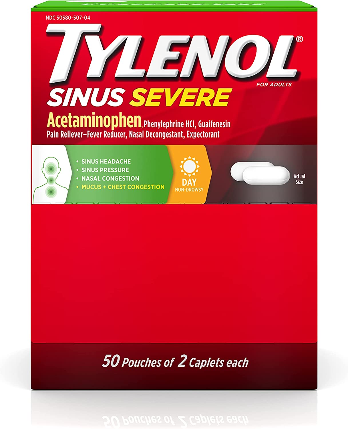 Tylenol Sinus Severe Daytime Caplets for Pain & Congestion Relief, 50 Travel Packs of 2 ct