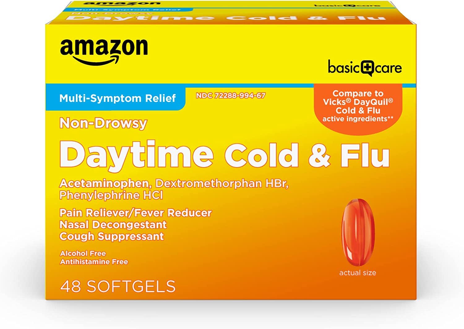 Amazon Basic Care Daytime Cold & Flu Liquid Caps; Cold Care for Daytime Cold and Flu, 48 Count