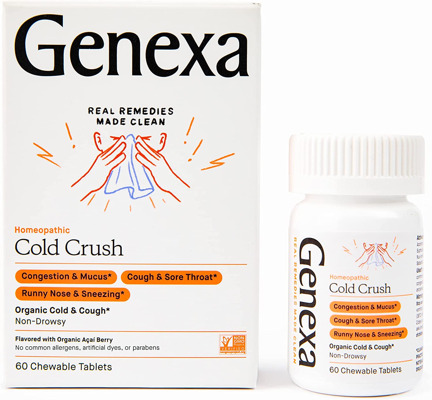 Genexa Cold Crush - 60 Tablets – Multi-Symptom Cough & Cold Remedy - Certified Vegan, Organic, Gluten Free & Non-GMO - Homeopathic Remedies