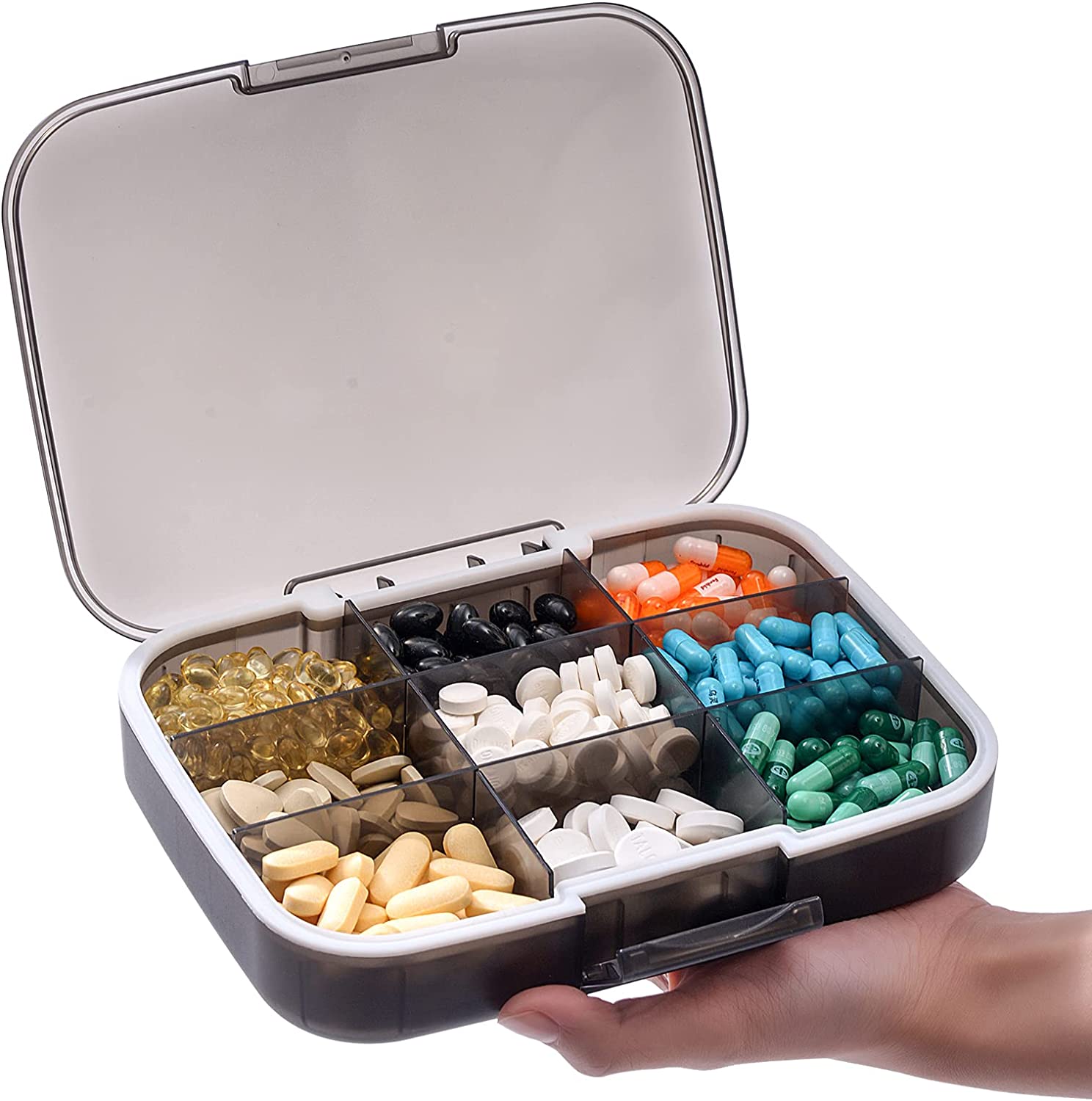 Restree Pill Organizer, Portable Pill Dispenser, Moisture-Proof Travel Pill Case for Vitamin, Medicine, Fish Oil/Supplements Extra Large 9 compartments (Black)