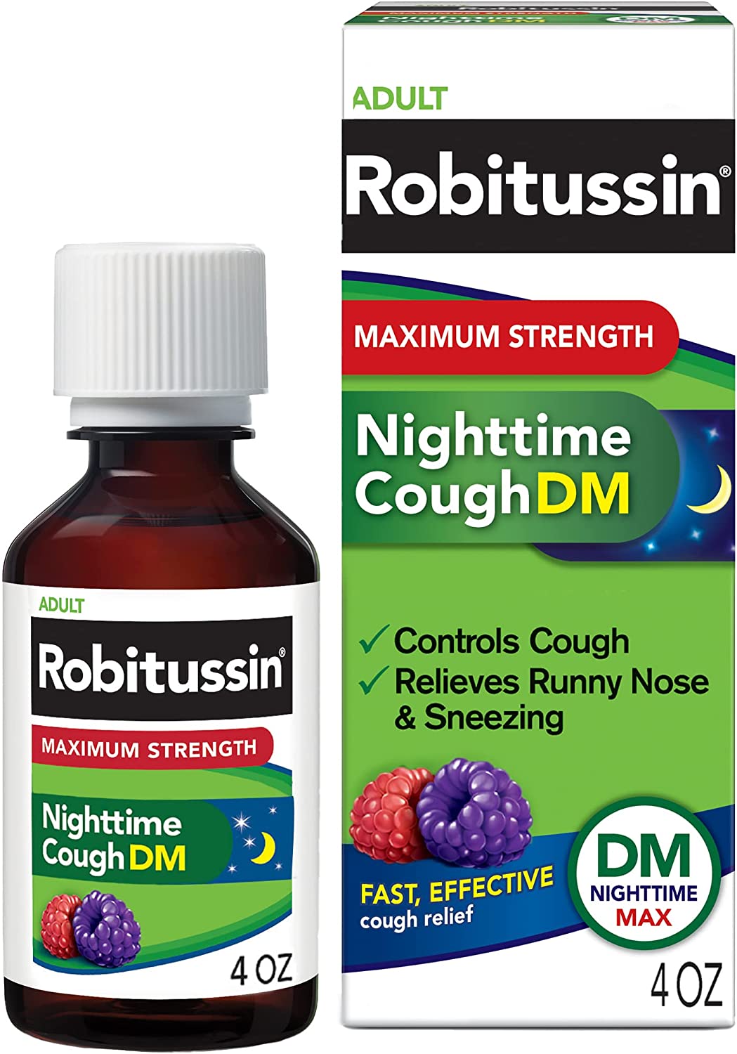 Robitussin Maximum Strength Nighttime Cough DM, Cough Medicine for Adults, Berry Flavor - 4 Fl Oz