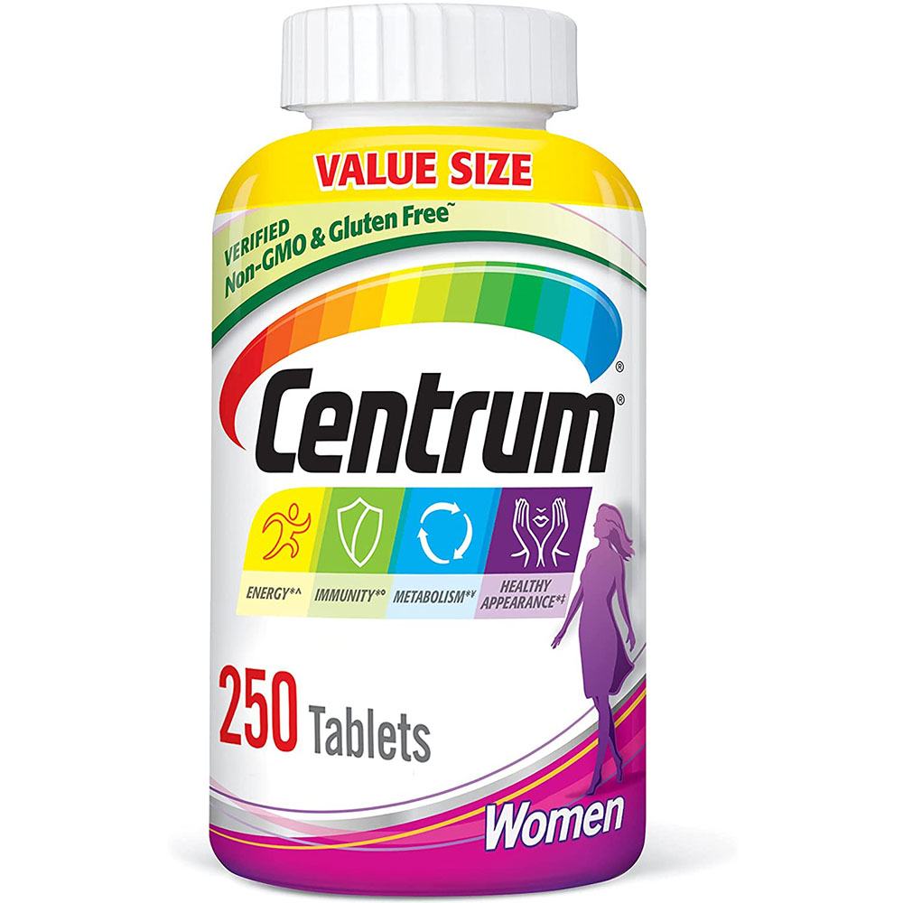 Centrum Multivitamin for Women, Multivitamin/Multimineral Supplement with Iron, Vitamin D3, B Vitamins and Antioxidant Vitamins C and E, Gluten Free, Non-GMO Ingredients - 250 Count