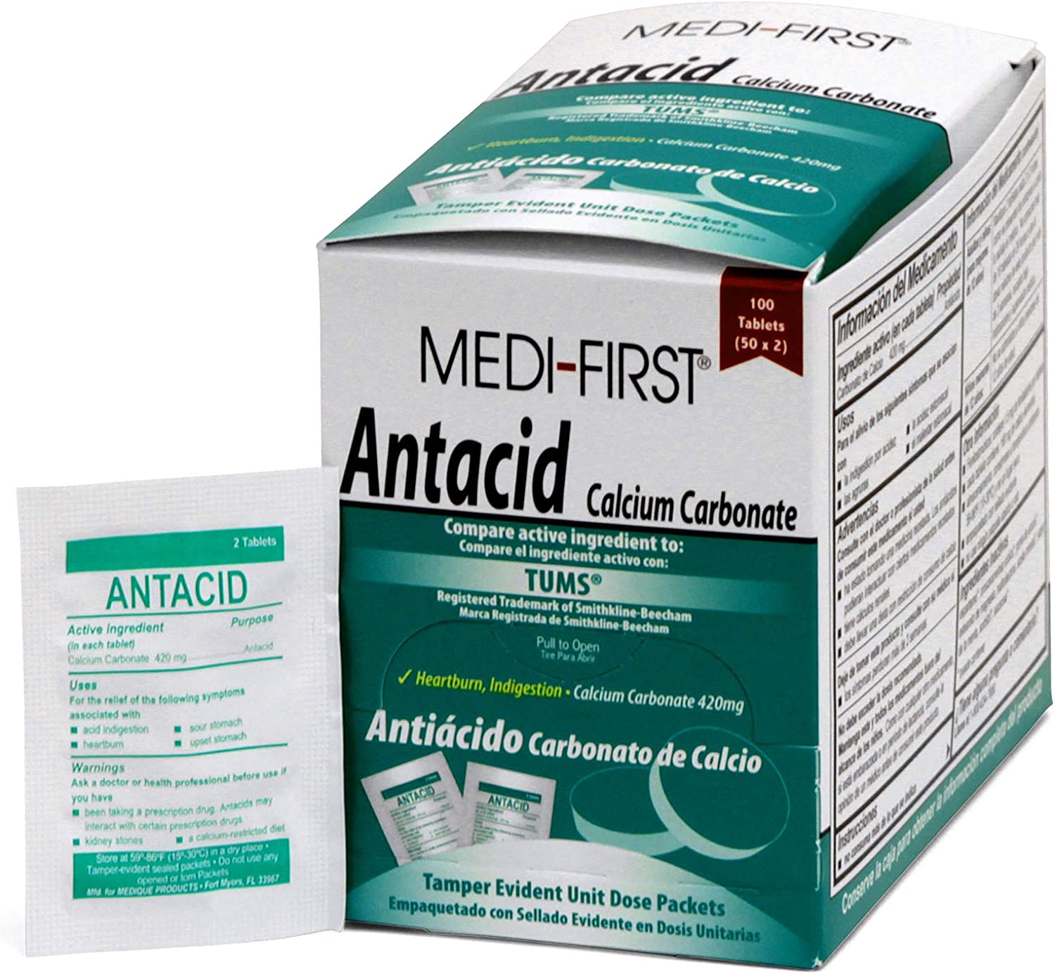 Medi-First 80233 Chewable Mint Antacid Tablets, 50-Packets of 2, 100 Count (Pack of 1)