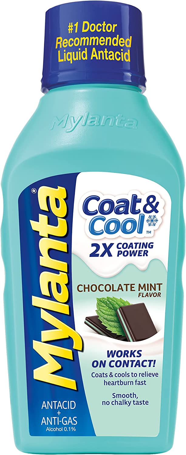 Mylanta Antacid and Gas Relief, Coat & Cool Formula, Chocolate Mint Flavor, 12 Fluid Ounces