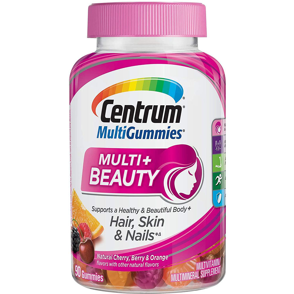 Centrum MultiGummies Multi+Beauty Supports a Healthy and Beautiful Body + Hair Skin and Nails in Natural Cherry Berry and Orange Flavors with Other Natural Flavors (90 Gummies) Pack of 2