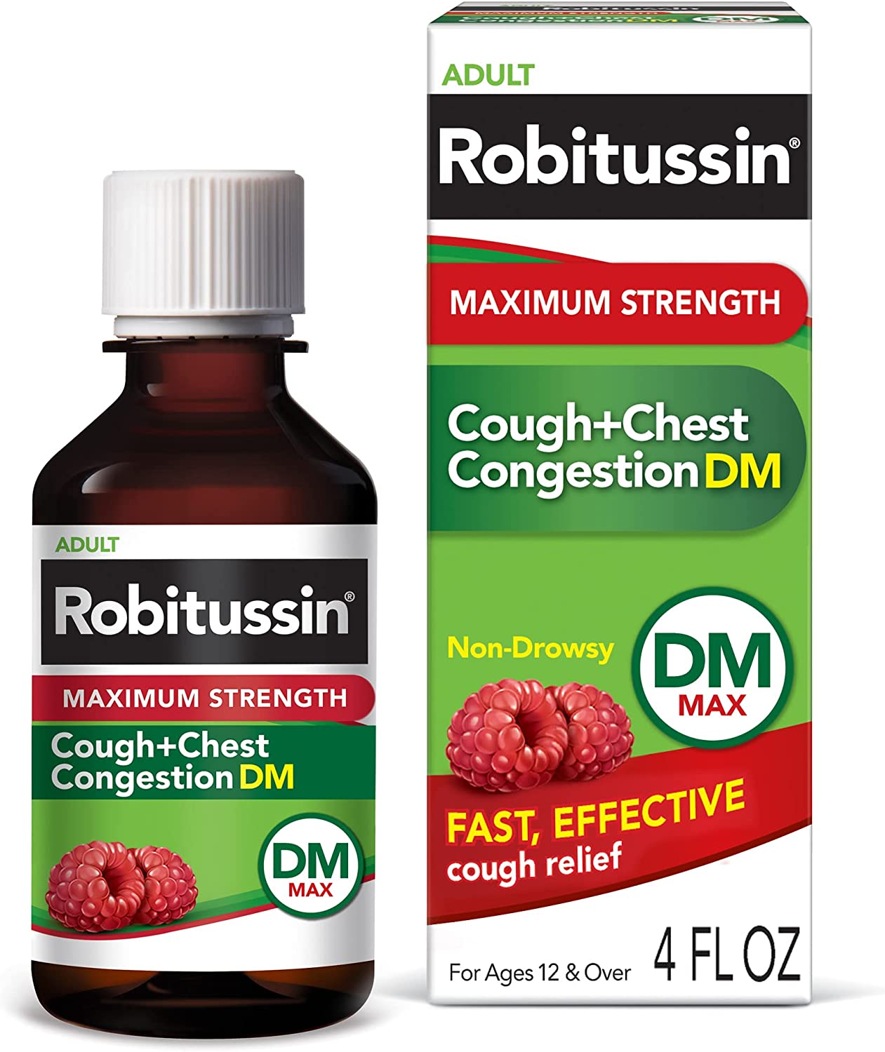 Robitussin Adult Maximum Strength Cough + Chest Congestion DM Max (4 fl. oz. Bottle), Non-Drowsy Cough Suppressant & Expectorant, Raspberry Flavor