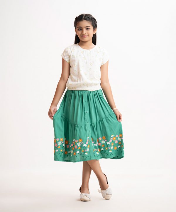 White Green Viscose Kids Woven Set