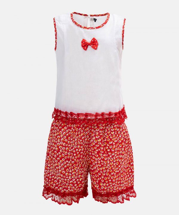 White & Red Cotton Top Bottom Set