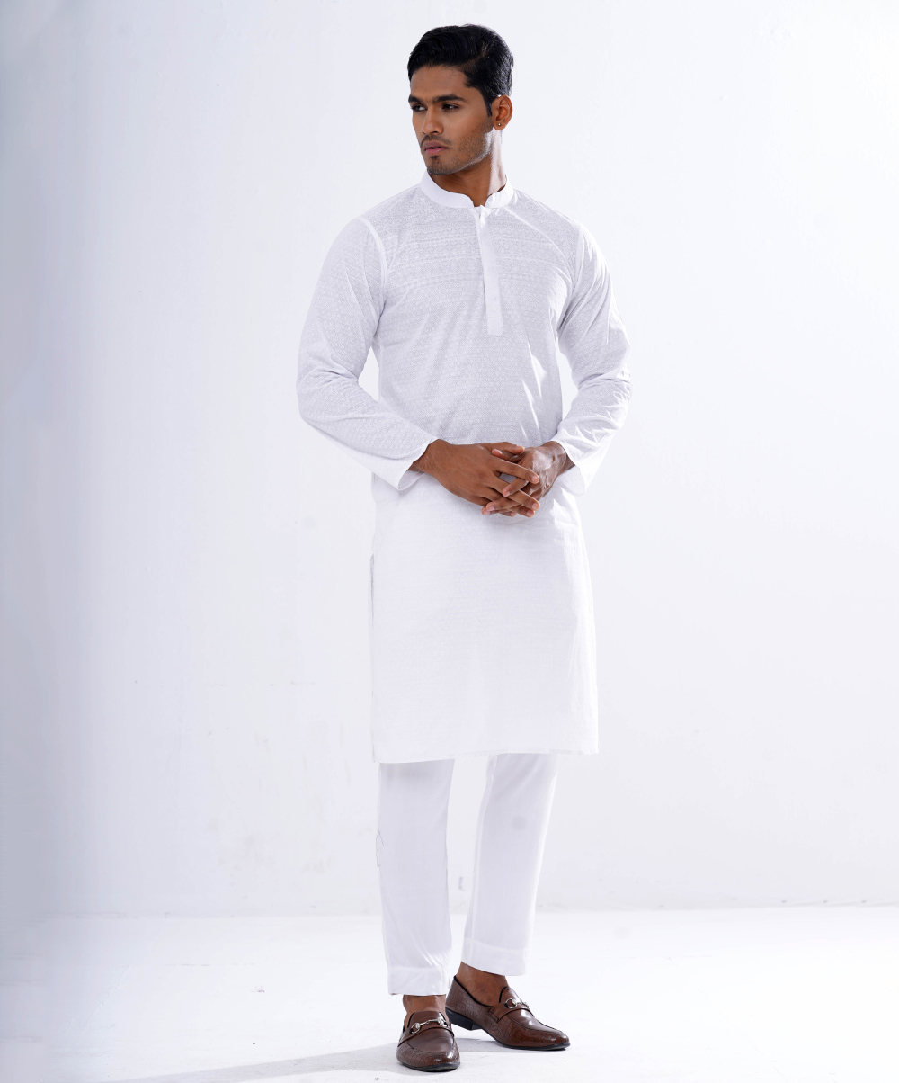 White Semi Fitted Cotton Panjabi