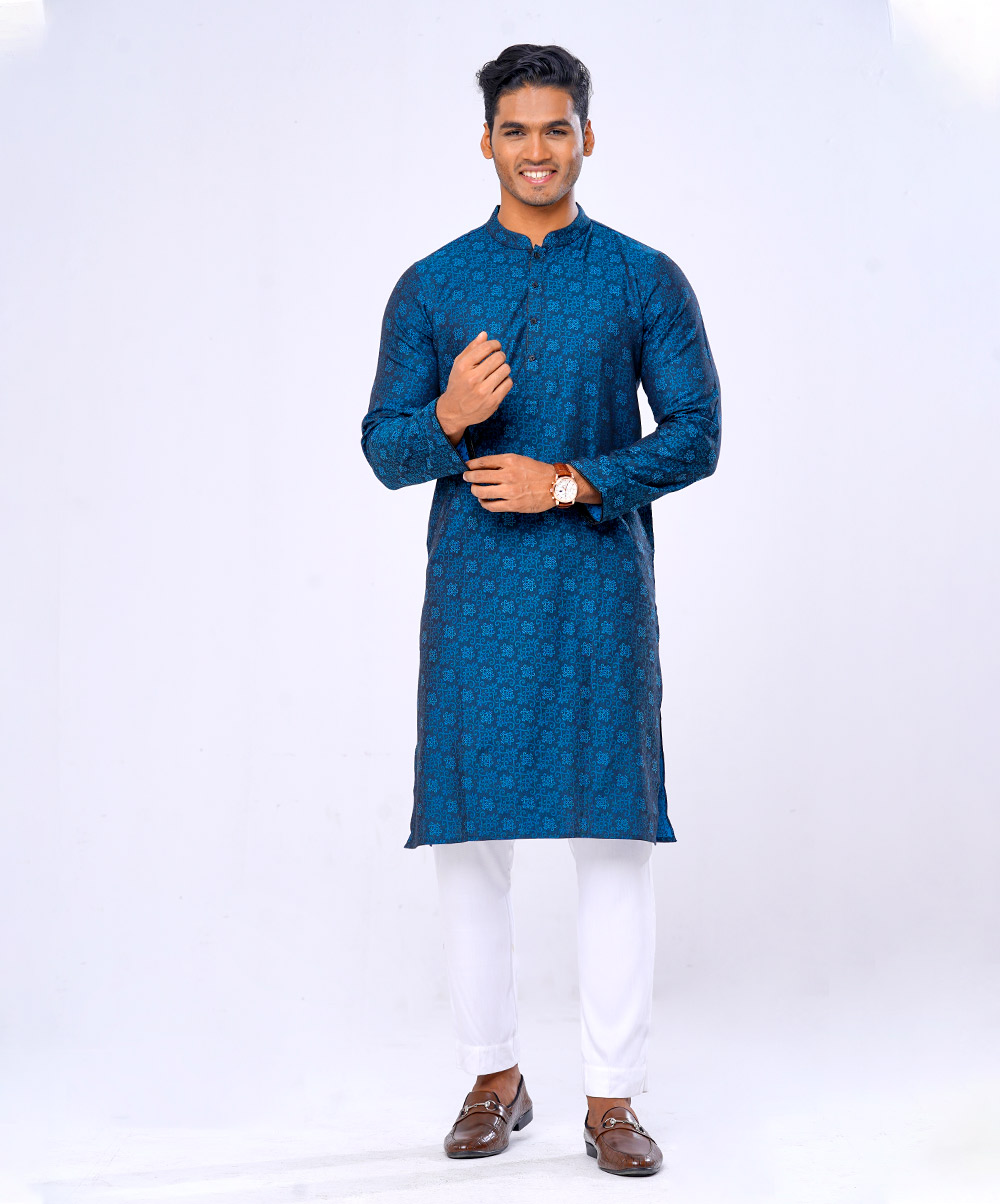 Blue Semi Fitted Jacquard Cotton Panjabi