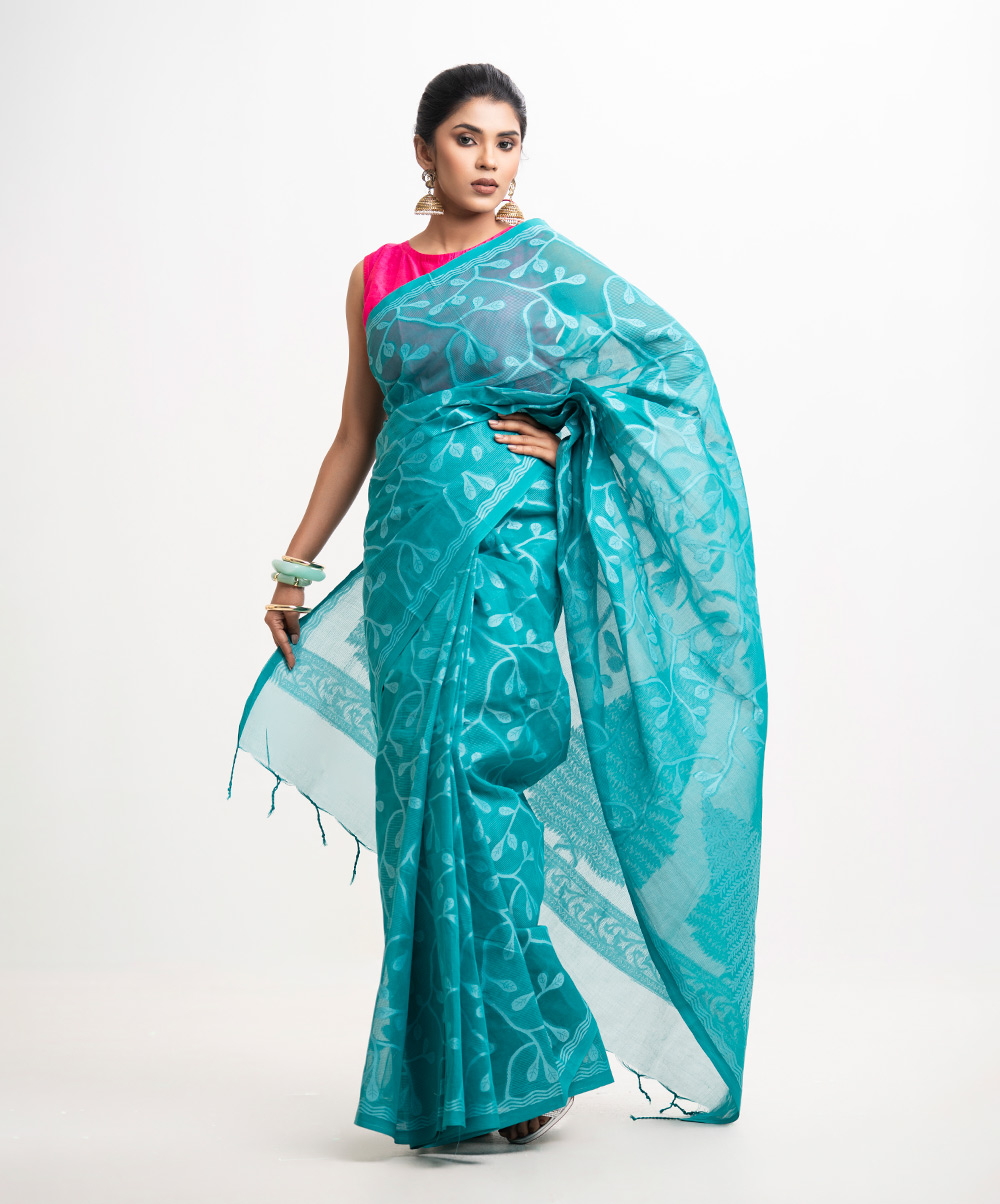 Turquoise Green Cotton Saree