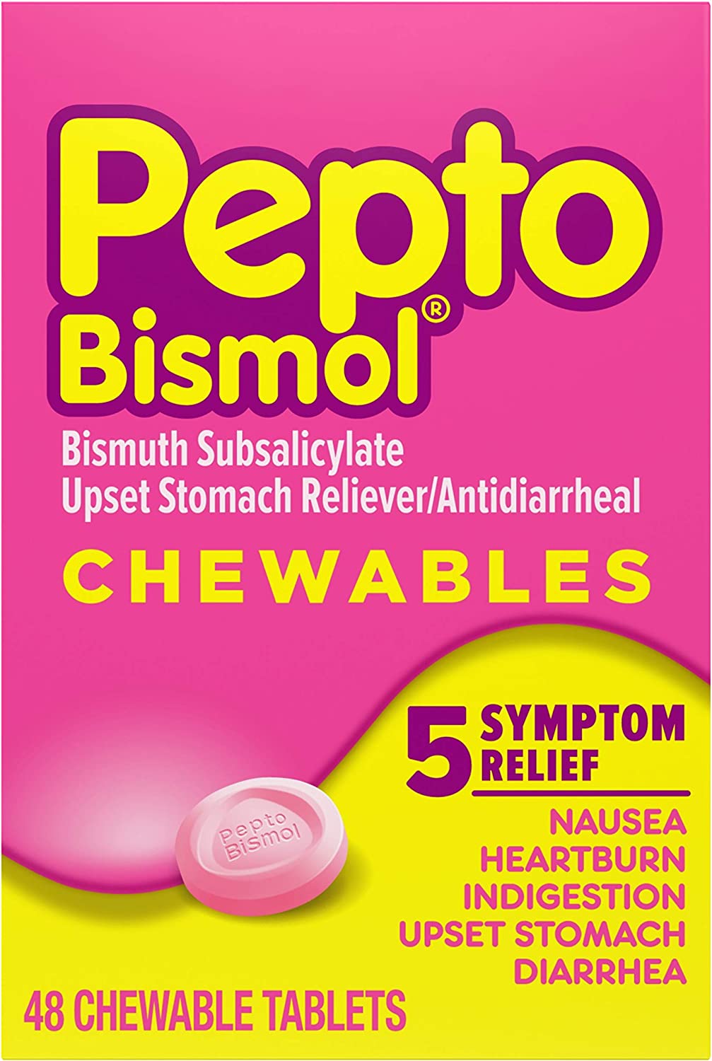 Pepto Bismol Chewables, Upset Stomach Relief, Bismuth Subsalicylate, Multi-Symptom Relief of Gas, Nausea, Heartburn, Indigestion, Upset Stomach, Diarrhea, 48 Chewable Tablets