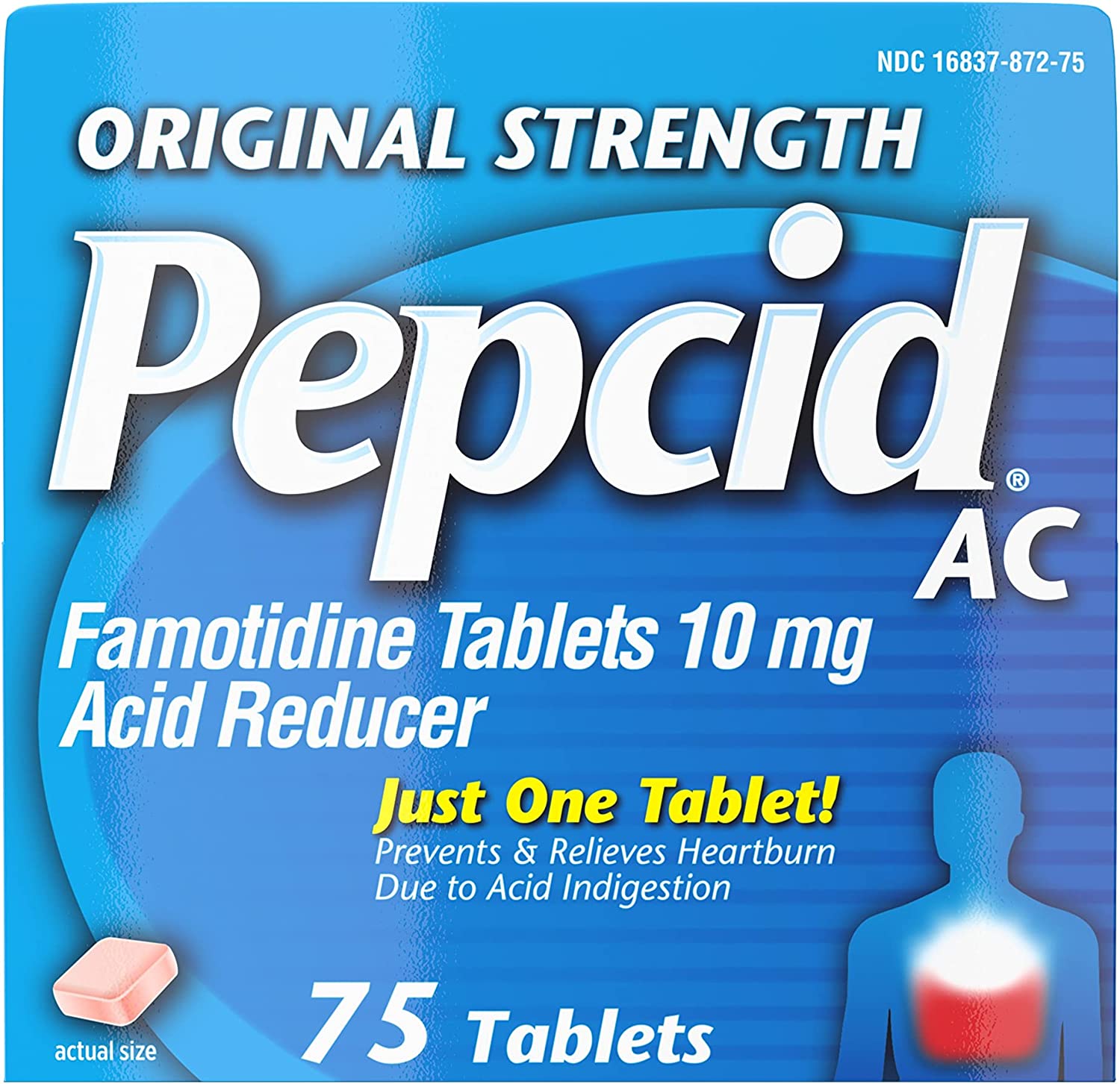 Pepcid AC Original Strength Heartburn Relief Tablets, Prevents & Relieves Heartburn Due to Acid Indigestion & Sour Stomach, 10 mg Famotidine to Reduce & Control Acid, Fast-Acting, 75 Ct