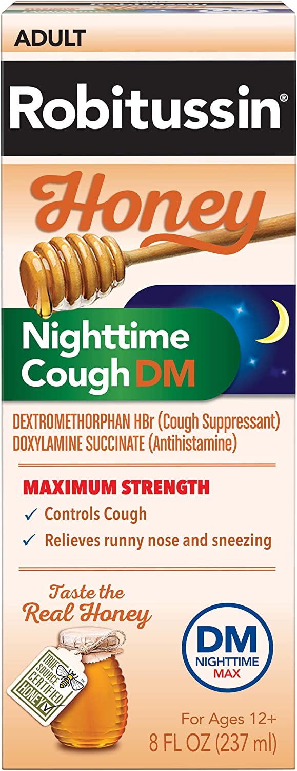 Robitussin Maximum Strength Honey Nighttime Cough DM, Cough Medicine for Adults Made with Real Honey for Flavor- 8 Fl Oz Bottle