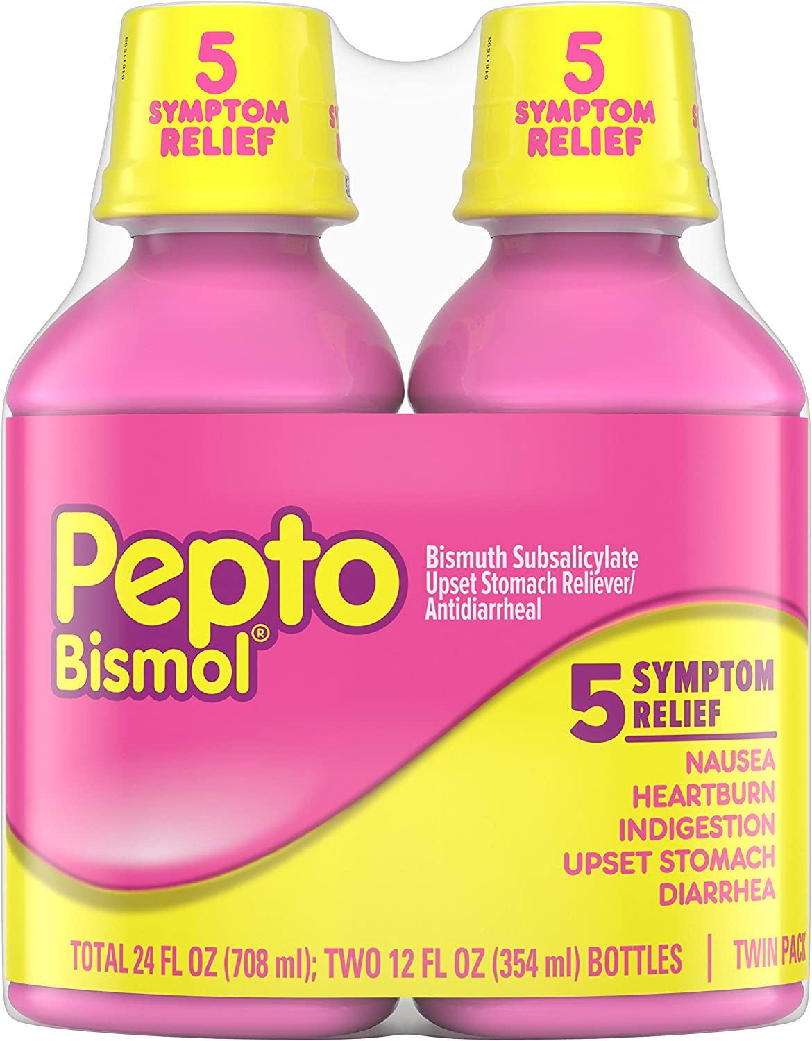 Pepto Bismol Liquid, Upset Stomach Relief, Bismuth Subsalicylate, Multi-Symptom Relief of Gas, Nausea, Heartburn, Indigestion, Upset Stomach, Diarrhea, Twin Pack 12 OZ Liquid