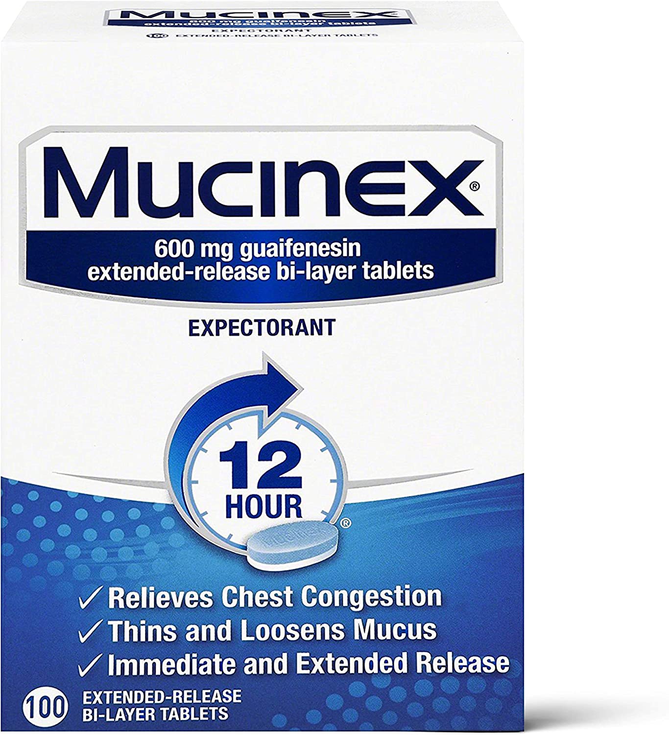 Mucinex 12 Hour Extended Release Tablets -Guaifenesin Relieves Chest Congestion Caused by Excess Mucus (#1 Doctor Recommended OTC expectorant), 100 Count (Pack of 1)