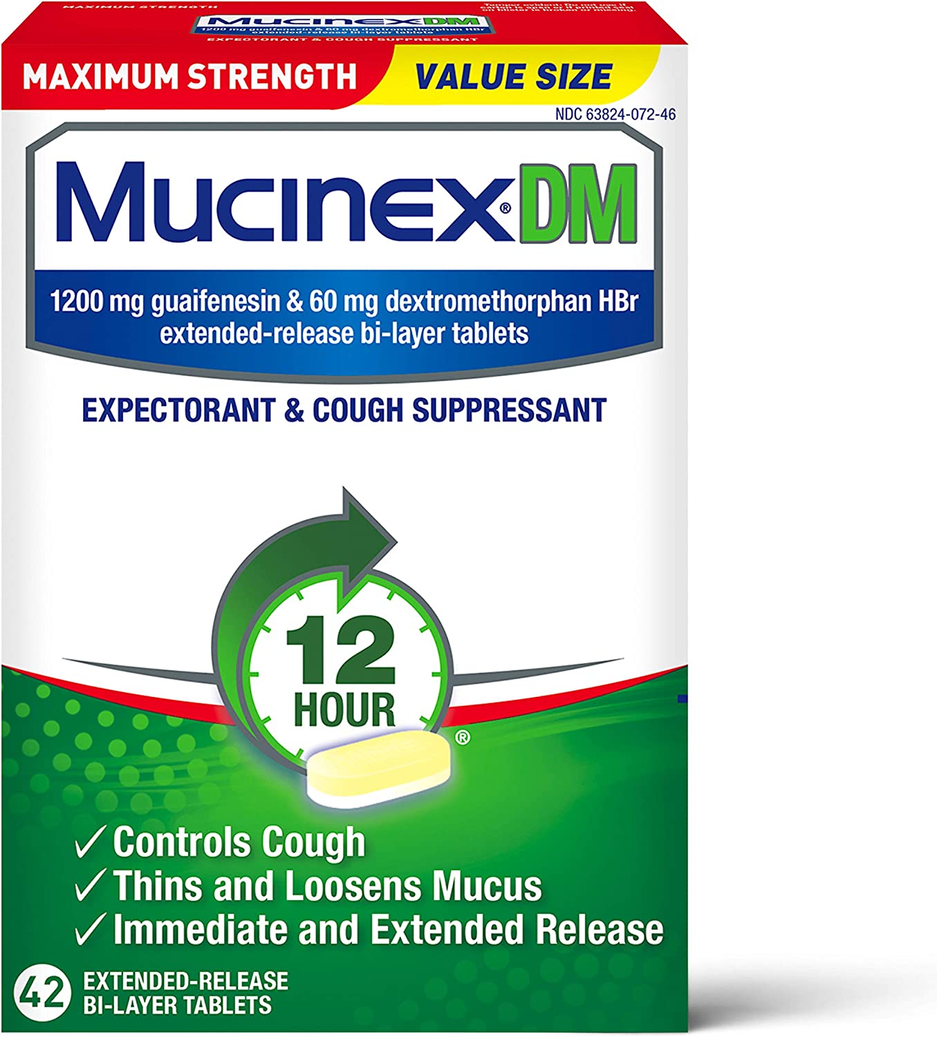 Cough Suppressant and Expectorant,Mucinex DM Maximum Strength 12 HourTablets 42ct, 1200 mg Guaifenesin,Relieves Chest Congestion,Quiets Wet and Dry Cough,#1Doctor Recommended OTC expectorant