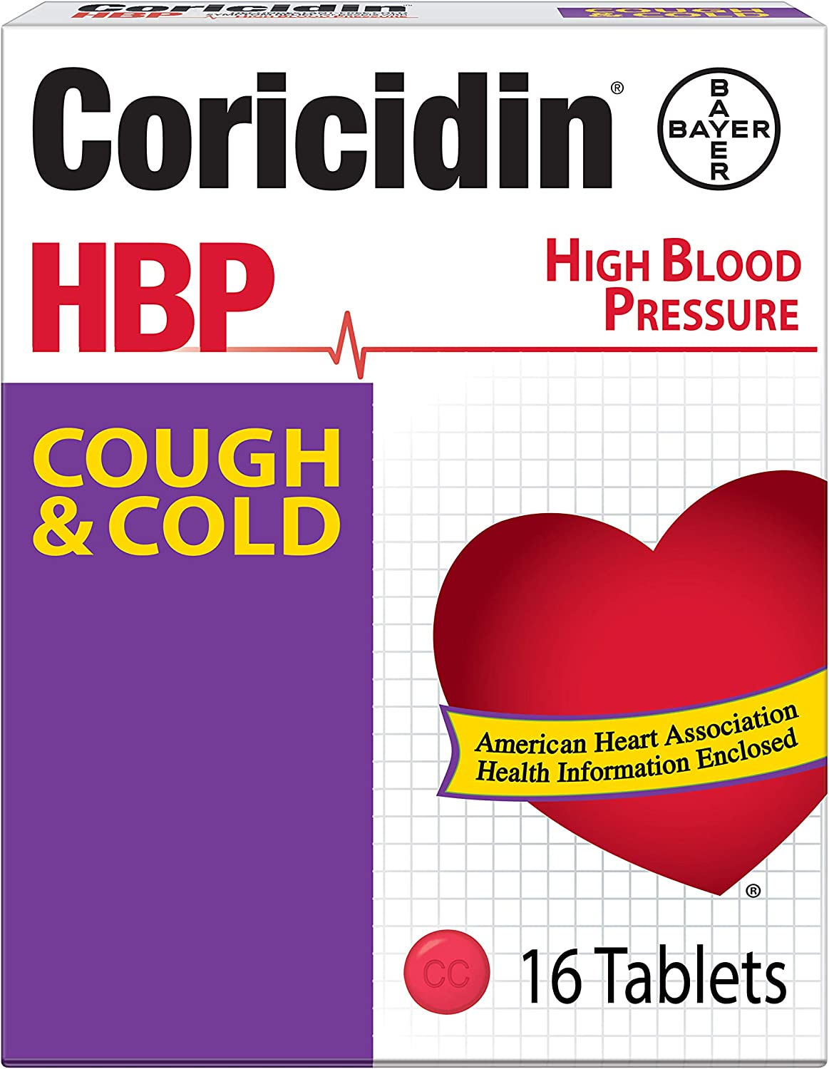 Coricidin HBP Decongestant-Free Cough and Cold Medicine for Hypertensives, Cold Symptom Relief for People with High Blood Pressure (16 Count)