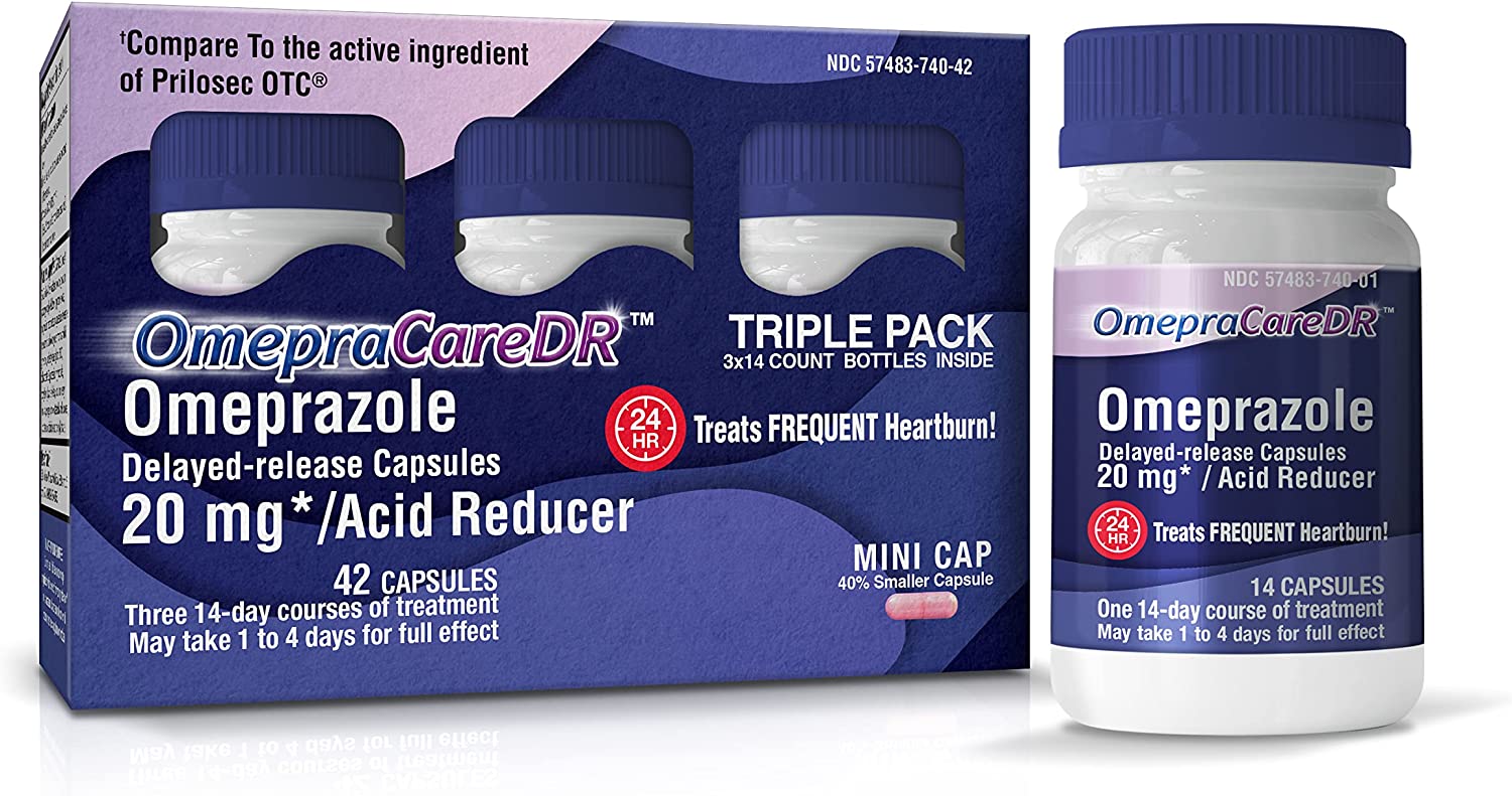 OmepraCareDR 42 Count Capsules Omeprazole 20mg Acid Reducer for Heartburn, (14 Capsules/Bottle) One 3-Pack Carton for Three 14-Day Courses, Delayed-Release Mini Capsules