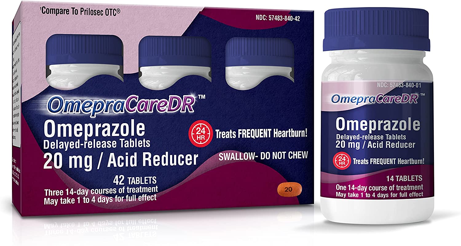 OmepraCareDR 42 Count Tablets Omeprazole 20mg Acid Reducer for Heartburn (14 Tablets/Bottle) One 3-Pack Carton for Three 14-Day Treatments, Delayed-Release