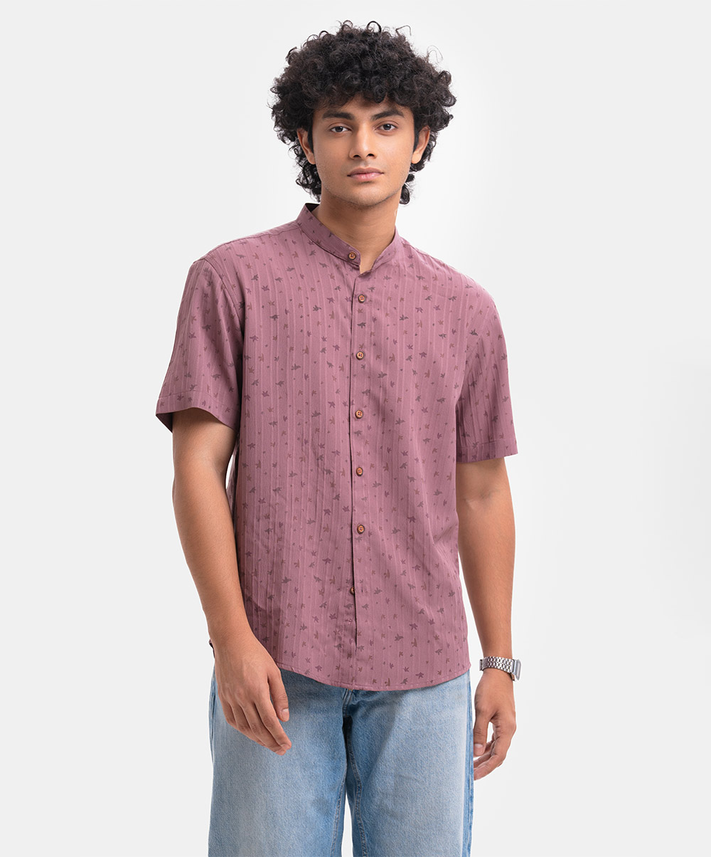 Purple Jacquard Rayon Short Sleeve Casual Shirt