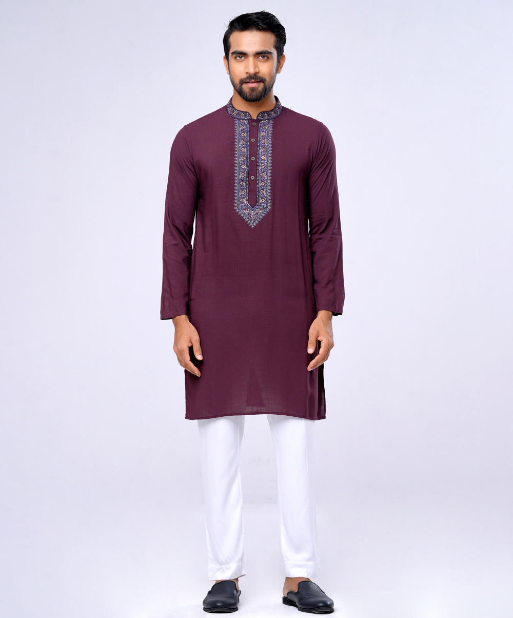 Maroon Semi Fitted Viscose Panjabi