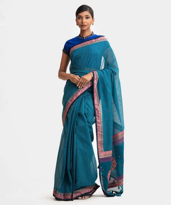 Teal Blue Cotton Saree