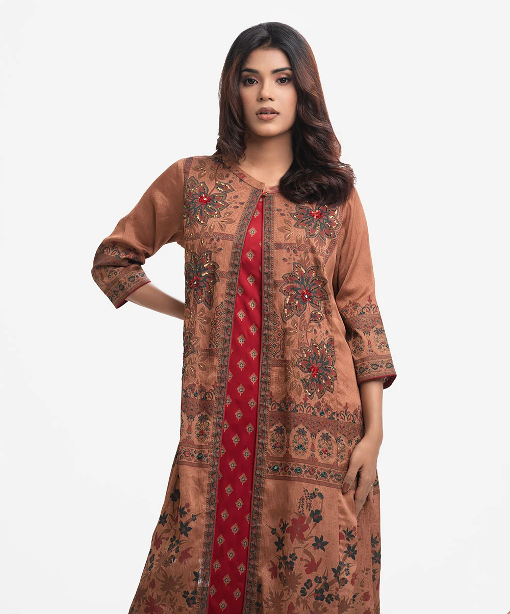 Brown Georgette Tunic With Shrug