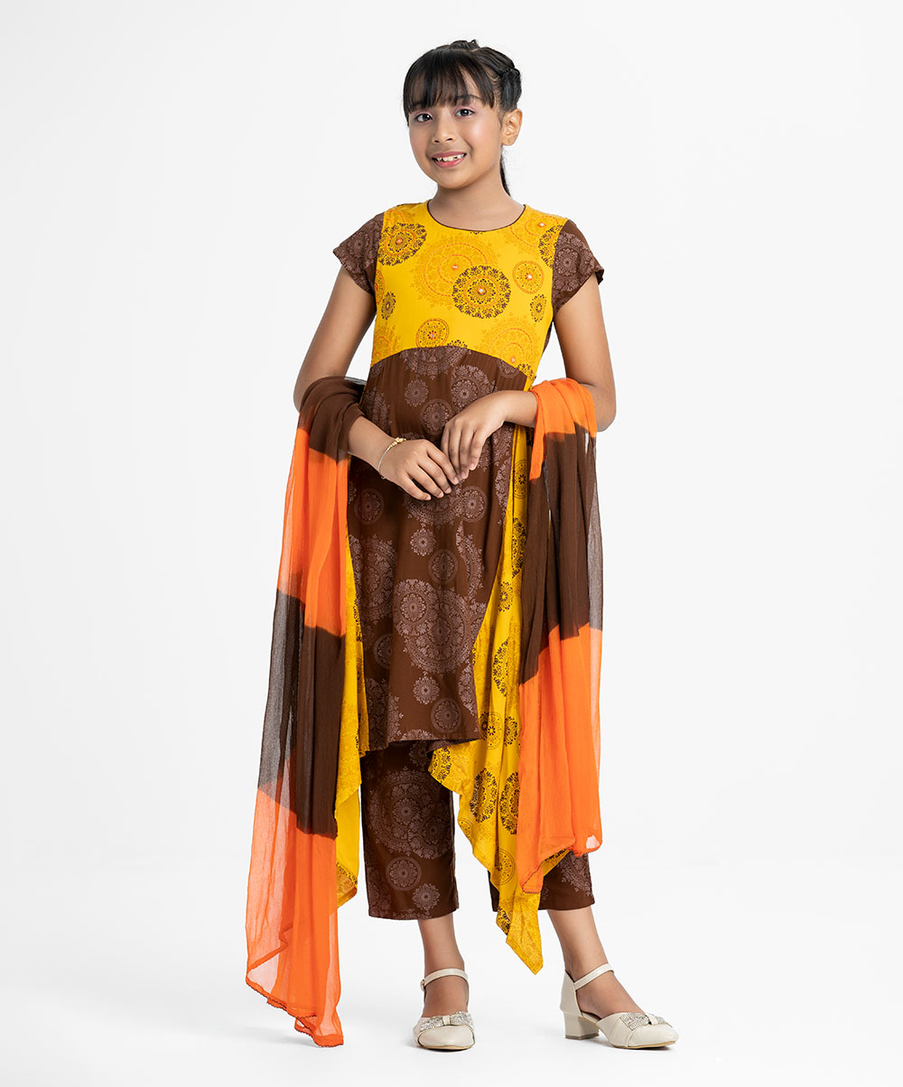 Yellow and Brown Viscose Elongated Salwar Kameez