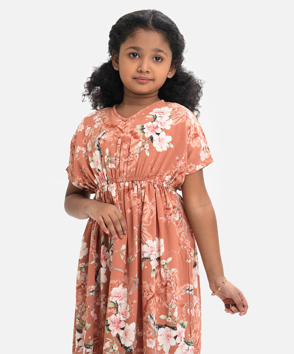 Peach Brown Georgette Drop-shoulder Frock