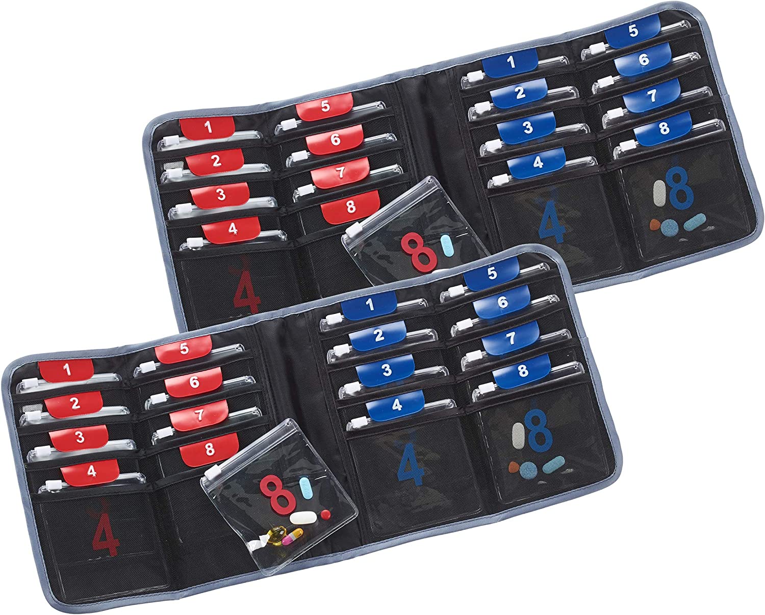 Lewis N. Clark AM/PM Folding Pill Organizer + Supplement Case for OTC Medicine, Prescription + Vitamins, 16 Slot Pouch, Black, 2 Count