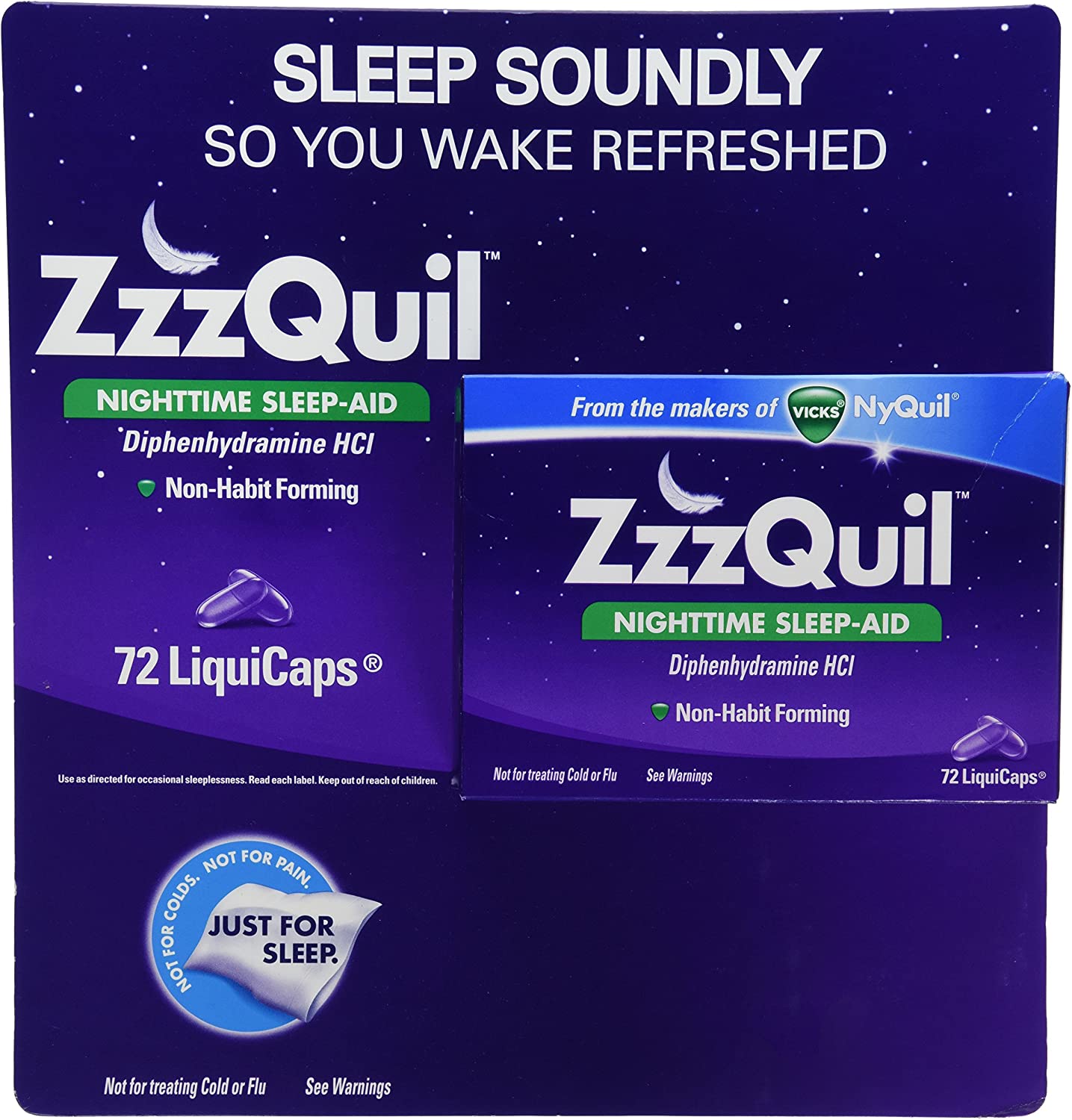 ZzzQuil Nighttime Non-Habit Forming Sleep Aid, Fall Asleep Fast and Wake Refreshed, 72 Ct LiquiCaps