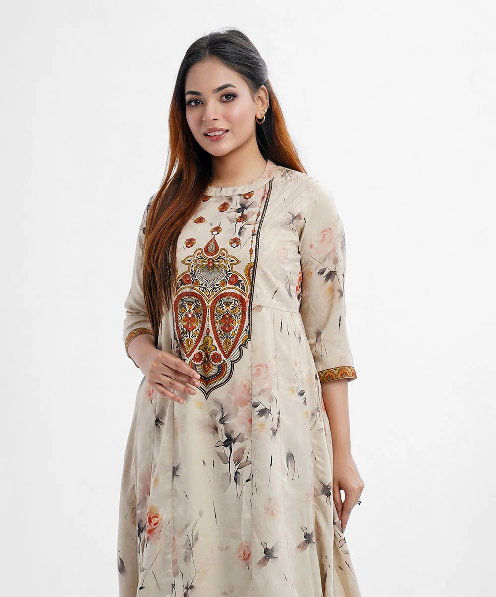 Beige Jacquard A-line Kameez