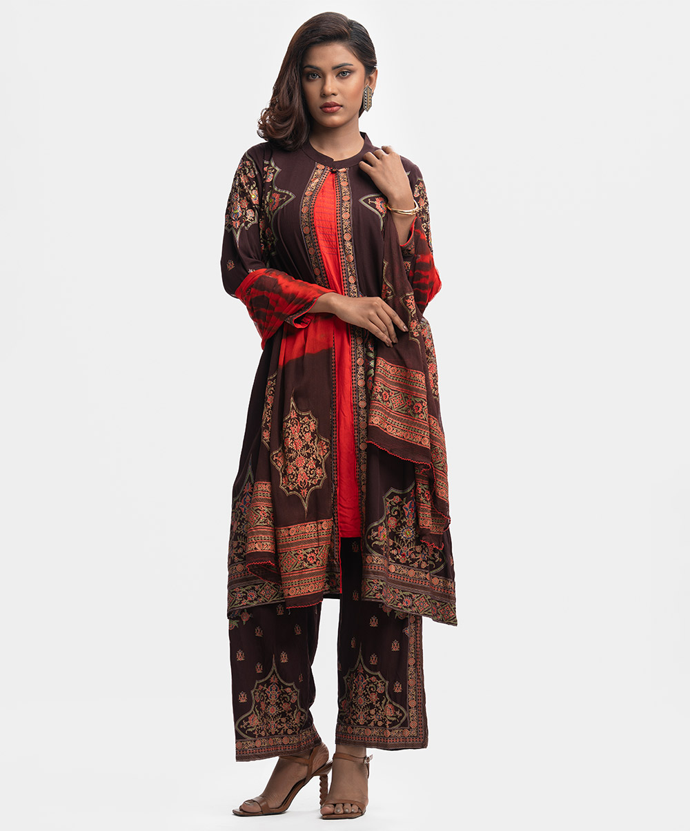 Brown Viscose Shrug Style Salwar Kameez