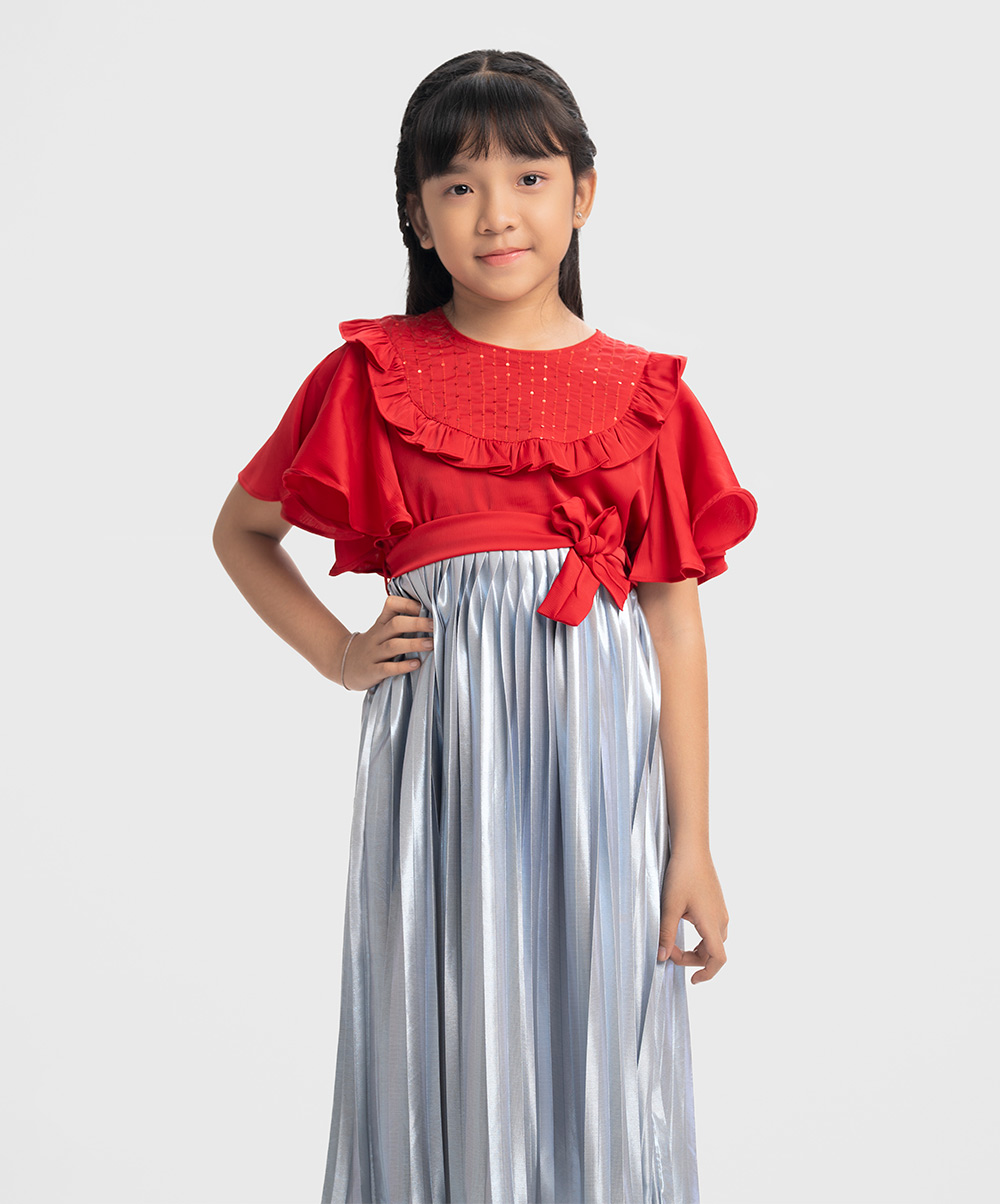 Red and Blue Georgette Pleated Frock