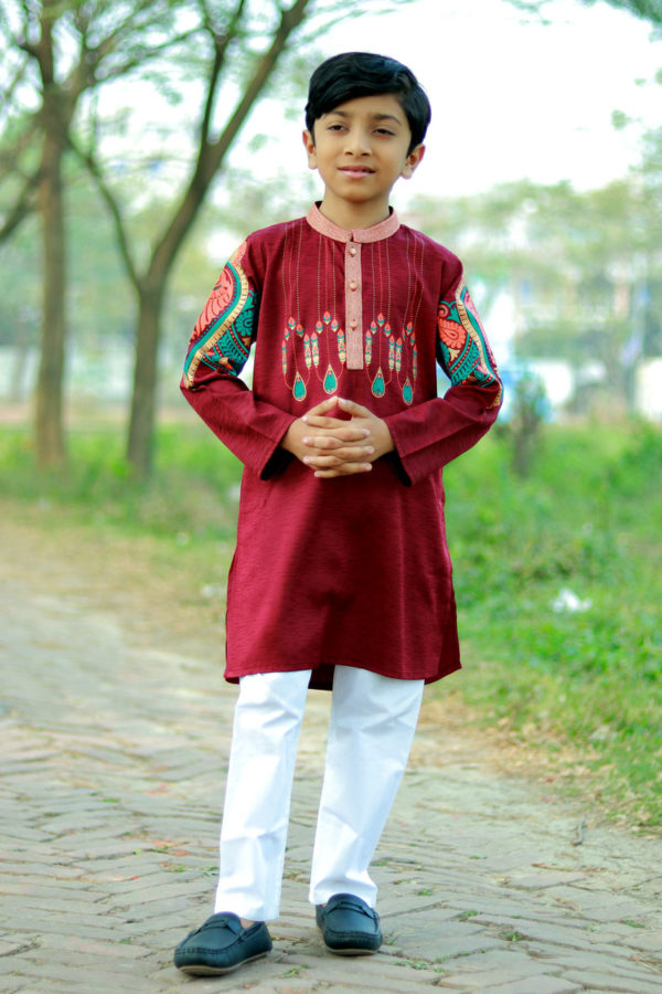 Maroon Cotton Printed & Embroidered Panjabi for Junior Boys